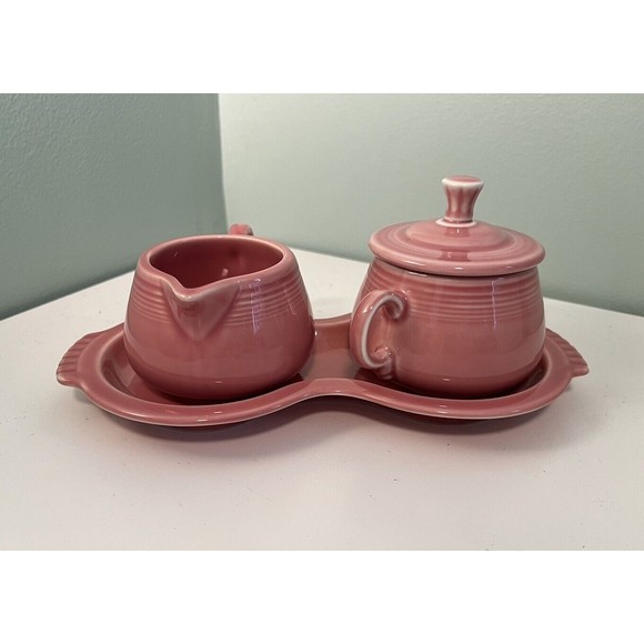 Vintage Fiestaware Cream Sugar with Tray Set of Rose Pink